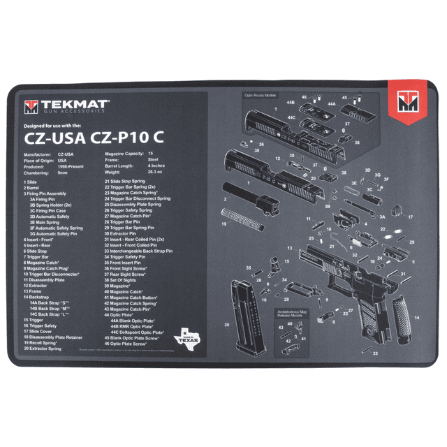 TekMat CZ P-10C Cleaning Mat, Black/Gray Rubber 11"x17" CZ P-10C Parts Diagram Protects Against Chipping / Scratching Handguns - TEKR17CZP10C TekMat CZ P-10C Cleaning Mat, Black/Gray Rubber 11"x17" CZ P-10C Parts Diagram Protects Against Chipping / Scratching Handguns - TEKR17CZP10C
