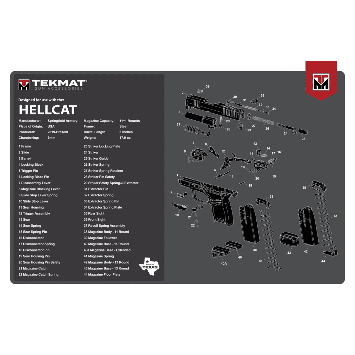 TekMat Springfield Armory Hellcat Cleaning Mat, Gray/White Rubber 11"x17" Springfield Hellcat Parts Diagram Against Chipping / Scratching Oil / Water Resistant - TEKR17HELLCAT TekMat Springfield Armory Hellcat Cleaning Mat, Gray/White Rubber 11"x17" Springfield Hellcat Parts Diagram Against Chipping / Scratching Oil / Water Resistant - TEKR17HELLCAT