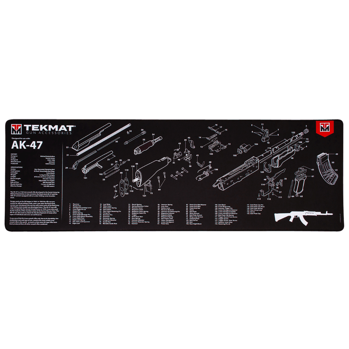 TekMat AK-47 Cleaning Mat, Black/White Rubber 12"x36" AK-47 Parts Diagram Against Chipping / Scratching Oil / Water - TEKR36AK47 TekMat AK-47 Cleaning Mat, Black/White Rubber 12"x36" AK-47 Parts Diagram Against Chipping / Scratching Oil / Water - TEKR36AK47