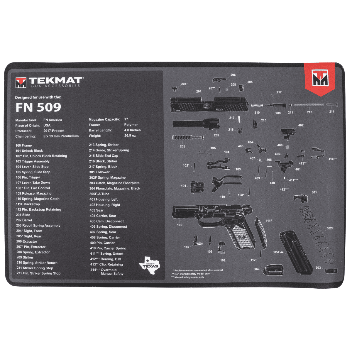 TekMat FN 509 Cleaning Mat, Black/Gray Rubber 11"x17" FN 509 Parts Diagram Against Chipping / Scratching Oil / Water - TEKR17FN509 TekMat FN 509 Cleaning Mat, Black/Gray Rubber 11"x17" FN 509 Parts Diagram Against Chipping / Scratching Oil / Water - TEKR17FN509