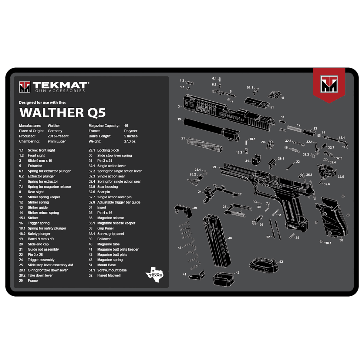 TekMat Walther Q5 SF Cleaning Mat, Black/Gray Rubber 11"x17" Walther Q5 Parts Diagram Against Chipping / Scratching Oil / Water Resistant - TEKR17WALQ5SF TekMat Walther Q5 SF Cleaning Mat, Black/Gray Rubber 11"x17" Walther Q5 Parts Diagram Against Chipping / Scratching Oil / Water Resistant - TEKR17WALQ5SF