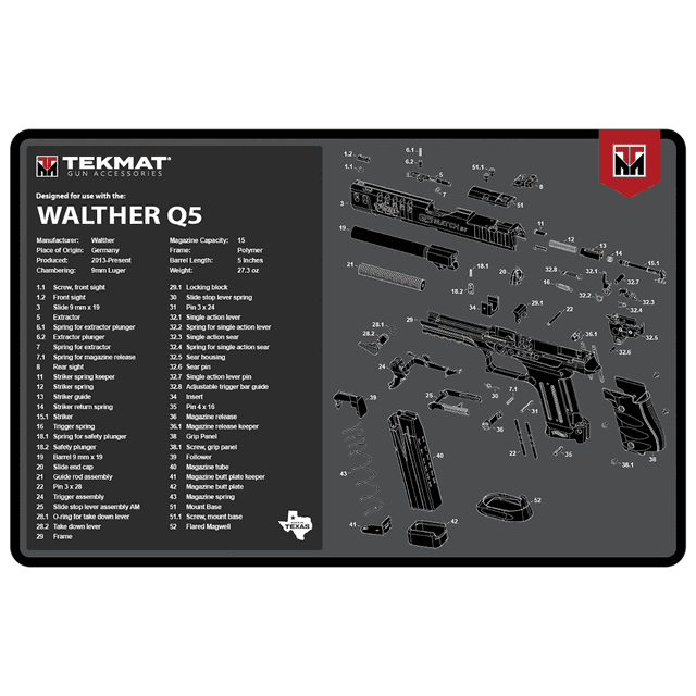 TekMat Walther Q5 SF Cleaning Mat, Black/Gray Rubber 11"x17" Walther Q5 Parts Diagram Against Chipping / Scratching Oil / Water Resistant - TEKR17WALQ5SF TekMat Walther Q5 SF Cleaning Mat, Black/Gray Rubber 11"x17" Walther Q5 Parts Diagram Against Chipping / Scratching Oil / Water Resistant - TEKR17WALQ5SF