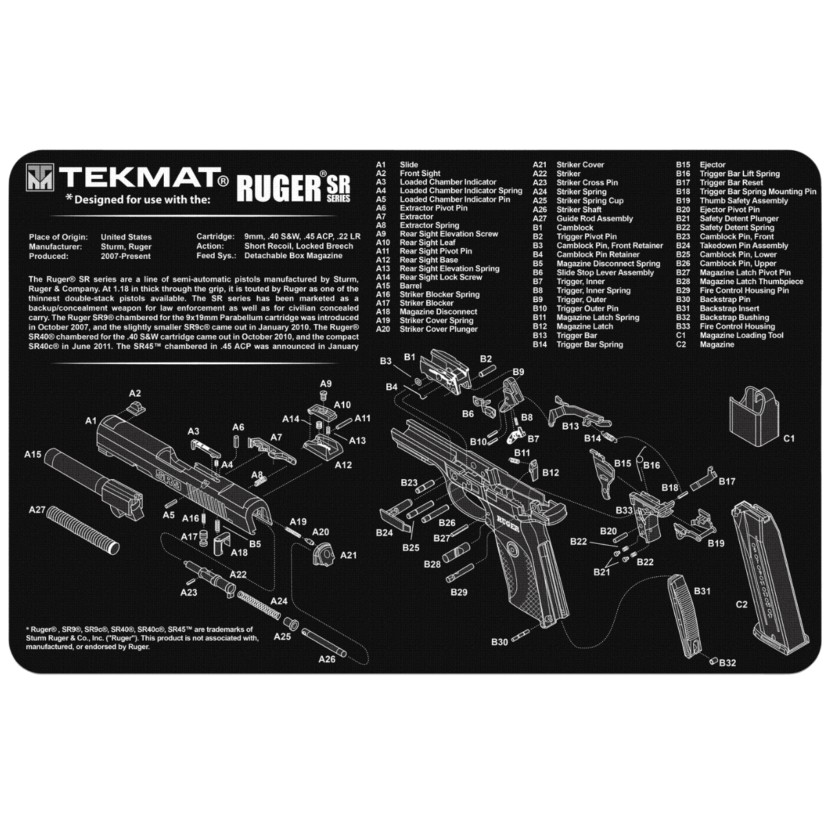 TekMat Ruger SR 9 Cleaning Mat, Black/White Rubber 11"x17" Ruger SR9 Parts Diagram Against Chipping / Scratching Oil / Water Resistant - TEKR17RUGERSR9 TekMat Ruger SR 9 Cleaning Mat, Black/White Rubber 11"x17" Ruger SR9 Parts Diagram Against Chipping / Scratching Oil / Water Resistant - TEKR17RUGERSR9