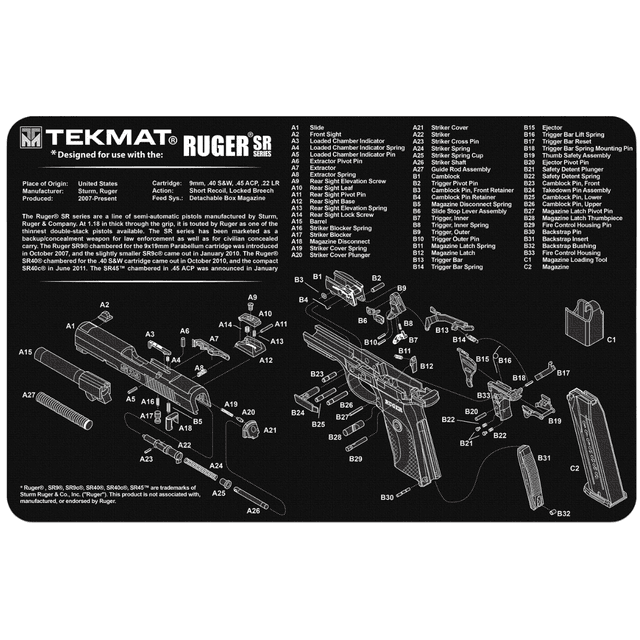 TekMat Ruger SR 9 Cleaning Mat, Black/White Rubber 11"x17" Ruger SR9 Parts Diagram Against Chipping / Scratching Oil / Water Resistant - TEKR17RUGERSR9 TekMat Ruger SR 9 Cleaning Mat, Black/White Rubber 11"x17" Ruger SR9 Parts Diagram Against Chipping / Scratching Oil / Water Resistant - TEKR17RUGERSR9
