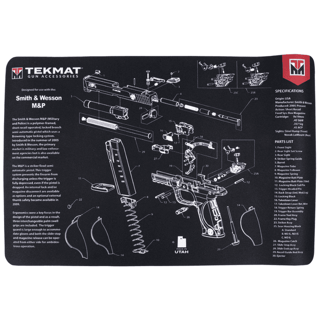 TekMat S&W M&P Cleaning Mat, Black/Gray Rubber 11"x17" S&W M&P Parts Diagram Against Chipping / Scratching Oil / Water Resistant - TEKR17SWMP TekMat S&W M&P Cleaning Mat, Black/Gray Rubber 11"x17" S&W M&P Parts Diagram Against Chipping / Scratching Oil / Water Resistant - TEKR17SWMP