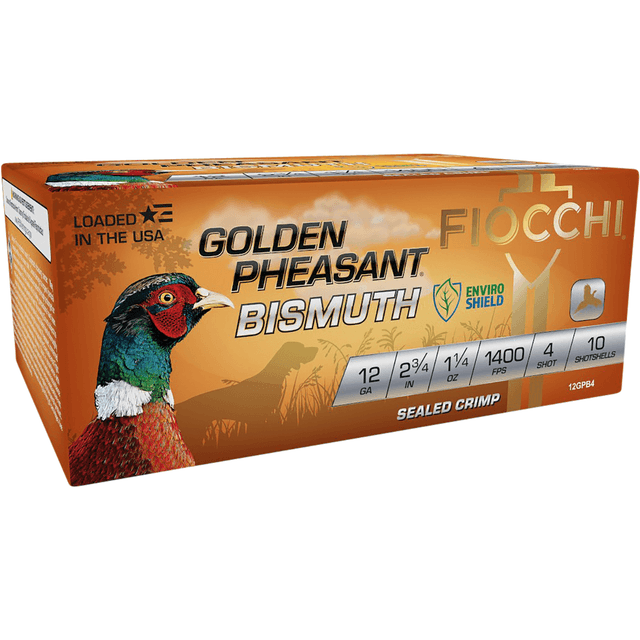 Fiocchi Golden Pheasant Bismuth Cartridge, 2.75" 1 1/4oz 4Shot 10 Per Box/10 Case 12 Gauge - 12GPB4 Fiocchi Golden Pheasant Bismuth Cartridge, 2.75" 1 1/4oz 4Shot 10 Per Box/10 Case 12 Gauge - 12GPB4