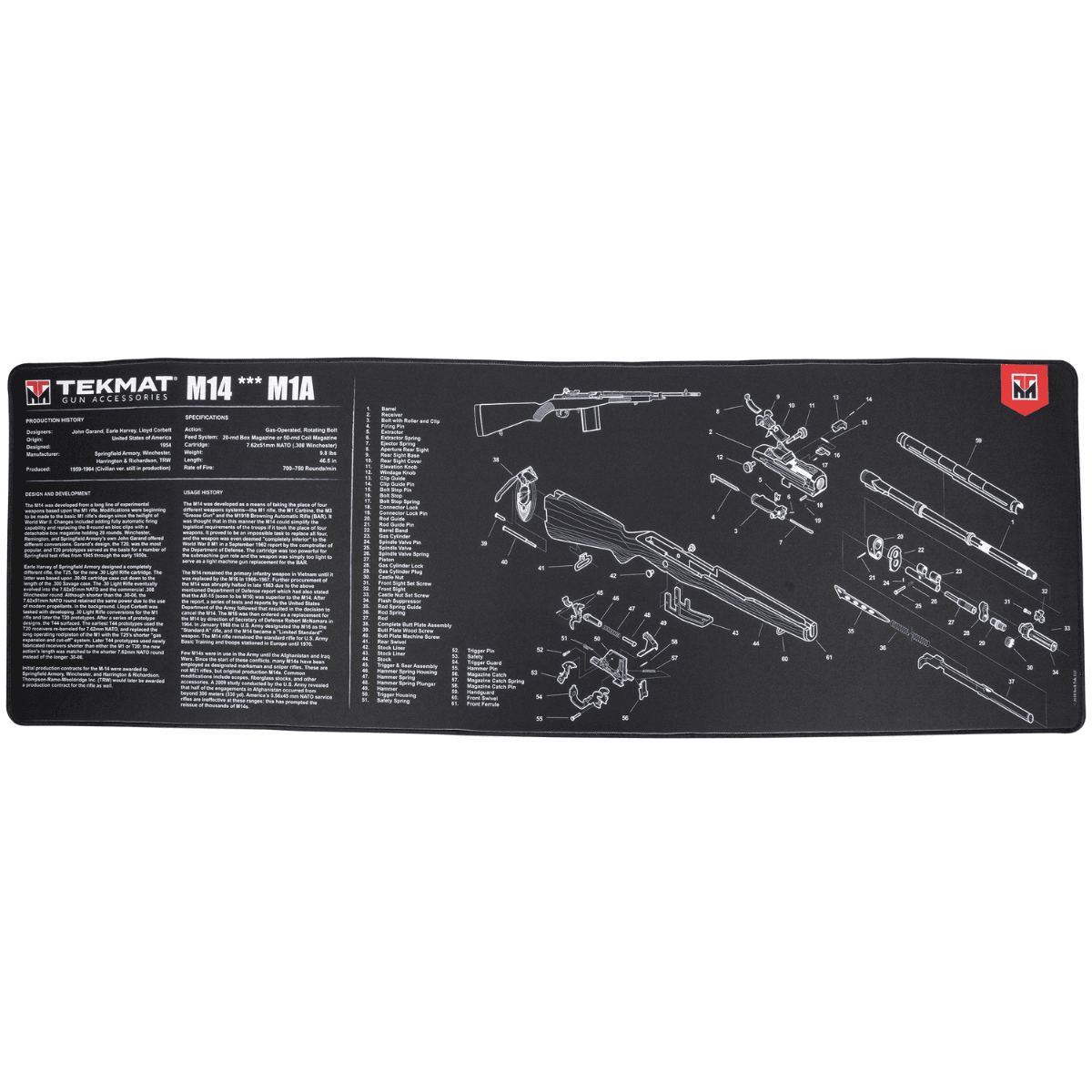 TekMat M14 (M1A) Cleaning Mat, Black/White Rubber 15"x44" M14 (M1A) Parts Diagram Against Chipping / Scratching Oil / Water Resistant - TEKR44M14 TekMat M14 (M1A) Cleaning Mat, Black/White Rubber 15"x44" M14 (M1A) Parts Diagram Against Chipping / Scratching Oil / Water Resistant - TEKR44M14