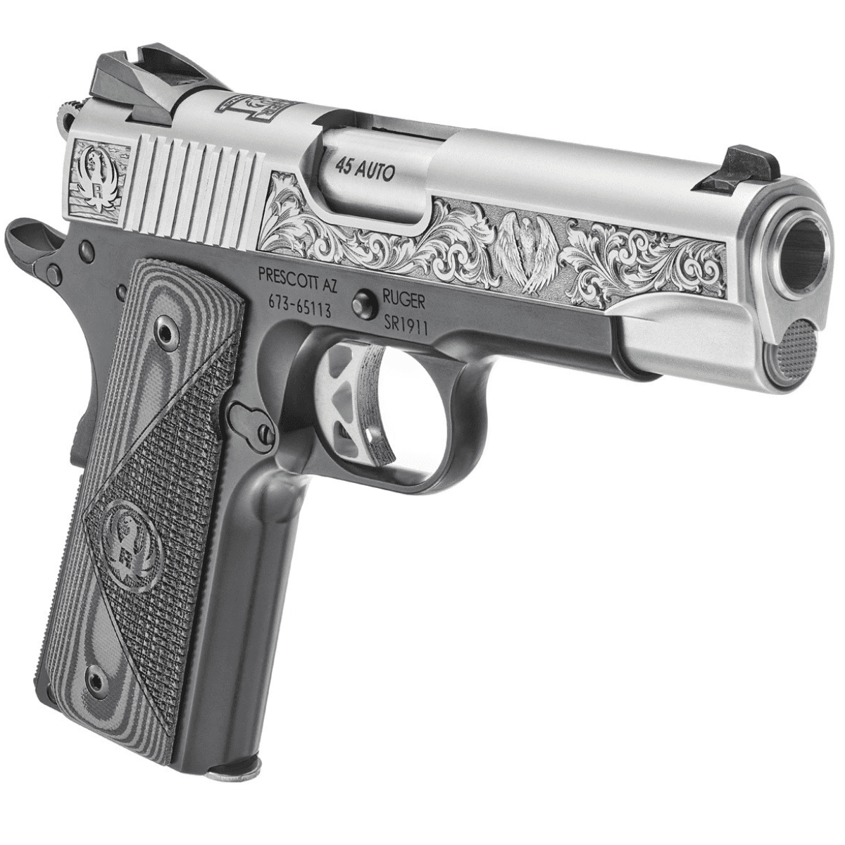 Ruger SR1911 Southport, CT Edition Pistol, 4.25" Stainless Steel Barrel Low-Glare Serrated w/Engraving Stainless Steel Slide Black Anodized Aluminum Frame w/Beavertail Black/Gray Deluxe Checkered G10 Grip Commander Frame 7+1 45 ACP - 16705 Ruger SR1911 Southport, CT Edition Pistol, 4.25" Stainless Steel Barrel Low-Glare Serrated w/Engraving Stainless Steel Slide Black Anodized Aluminum Frame w/Beavertail Black/Gray Deluxe Checkered G10 Grip Commander Frame 7+1 45 ACP - 16705