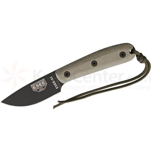 ESEE-3HM Plain Edge Knife, Modified Micarta Handles, Black Kydex Embossed Sheath ESEE-3HM Plain Edge Knife, Modified Micarta Handles, Black Kydex Embossed Sheath