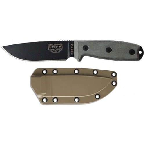 ESEE-4P Black Drop Point - Micarta Handle - Coyote Brown Molded Sheath ESEE-4P Black Drop Point - Micarta Handle - Coyote Brown Molded Sheath