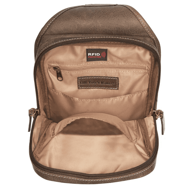 Gun Tote'n Mamas/Kingport Mini Sling Concealed Carry Bag, Distressed Buffalo Cross-Body Bag Brown Leather 3 Compartments Zipper - GTMCZY110BRN Gun Tote'n Mamas/Kingport Mini Sling Concealed Carry Bag, Distressed Buffalo Cross-Body Bag Brown Leather 3 Compartments Zipper - GTMCZY110BRN