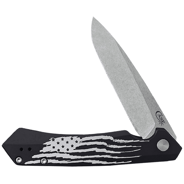 Case Kinzua Folding Spear Point Knife, 3.36'' Plain Stonewashed S35VN SS Blade Black Anodized w/US Flag Aluminum Handle - 10857 Case Kinzua Folding Spear Point Knife, 3.36'' Plain Stonewashed S35VN SS Blade Black Anodized w/US Flag Aluminum Handle - 10857