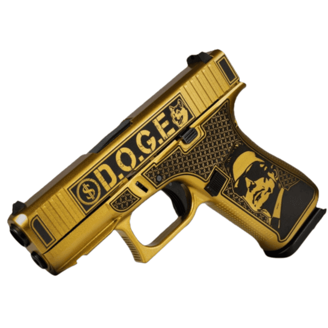 Glock G43X D.O.G.E. Pistol, 3.41" Black GMB Barrel Glamour Glock Gold Cerakote Serrated Steel Slide w/D.O.G.E Glamour Glock Gold Cerakote Polymer Frame w/Trump & Elon 10+1rd Sub-Compact Frame 9mm - UX4350201FRDGE Glock G43X D.O.G.E. Pistol, 3.41" Black GMB Barrel Glamour Glock Gold Cerakote Serrated Steel Slide w/D.O.G.E Glamour Glock Gold Cerakote Polymer Frame w/Trump & Elon 10+1rd Sub-Compact Frame 9mm - UX4350201FRDGE