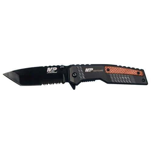 Smith & Wesson M&P Bodyguard Folding Knife 3.5" Partially Serrated Tanto Point 8Cr13MoV Stainless Steel Blade Aluminum/Wood Handle Black Smith & Wesson M&P Bodyguard Folding Knife 3.5" Partially Serrated Tanto Point 8Cr13MoV Stainless Steel Blade Aluminum/Wood Handle Black