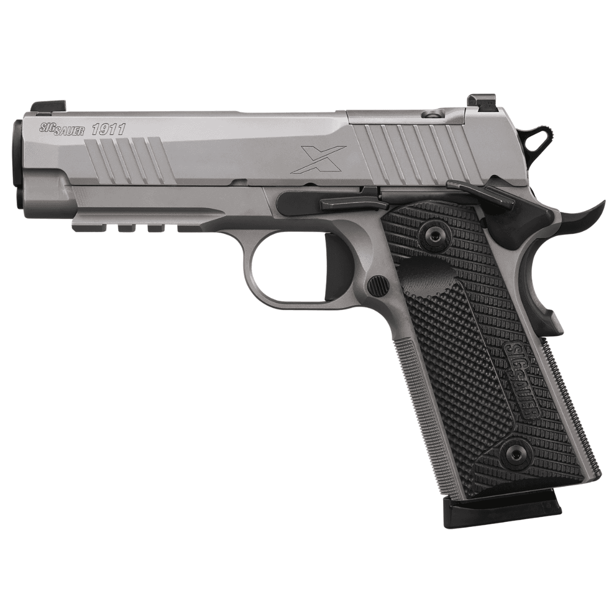 Sig Sauer 1911-X Carry Pistol, 4.20" Black DLC Carbon Steel Barrel Bead Blasted Stainless Steel Optic Ready/Serrated Slide & Frame w/Beavertail & Picatinny Rail Black G10 Grip Shield RMSc Footprint 8+1rd 45 ACP - 1911XCA45SS Sig Sauer 1911-X Carry Pistol, 4.20" Black DLC Carbon Steel Barrel Bead Blasted Stainless Steel Optic Ready/Serrated Slide & Frame w/Beavertail & Picatinny Rail Black G10 Grip Shield RMSc Footprint 8+1rd 45 ACP - 1911XCA45SS