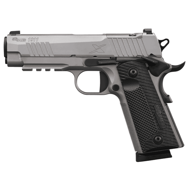 Sig Sauer 1911-X Carry Pistol, 4.20" Black DLC Carbon Steel Barrel Bead Blasted Stainless Steel Optic Ready/Serrated Slide & Frame w/Beavertail & Picatinny Rail Black G10 Grip Shield RMSc Footprint 8+1rd 45 ACP - 1911XCA45SS Sig Sauer 1911-X Carry Pistol, 4.20" Black DLC Carbon Steel Barrel Bead Blasted Stainless Steel Optic Ready/Serrated Slide & Frame w/Beavertail & Picatinny Rail Black G10 Grip Shield RMSc Footprint 8+1rd 45 ACP - 1911XCA45SS