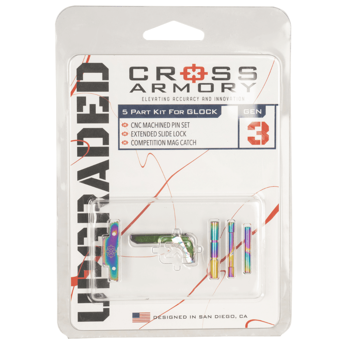 Cross Armory 3 Piece Upgrade Kit, Rainbow Dimpled Pins/ Extended Slide Lock/ Extended Magazine Catch P80 Gen1-3 - CRGOKRB Cross Armory 3 Piece Upgrade Kit, Rainbow Dimpled Pins/ Extended Slide Lock/ Extended Magazine Catch P80 Gen1-3 - CRGOKRB