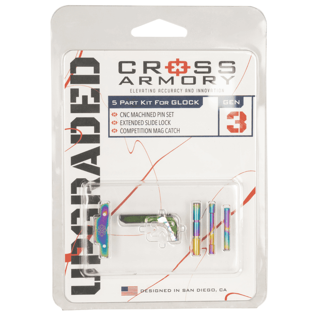 Cross Armory 3 Piece Upgrade Kit, Rainbow Dimpled Pins/ Extended Slide Lock/ Extended Magazine Catch P80 Gen1-3 - CRGOKRB Cross Armory 3 Piece Upgrade Kit, Rainbow Dimpled Pins/ Extended Slide Lock/ Extended Magazine Catch P80 Gen1-3 - CRGOKRB