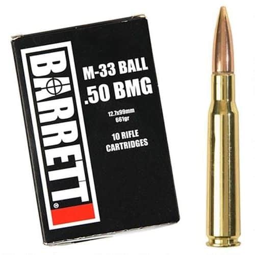 Barrett .50 BMG Ammunition 10 Rounds 661 Grain M33 Full Metal Jacket Boat Tail with Mild Steel Core Projectile 2750fps Barrett .50 BMG Ammunition 10 Rounds 661 Grain M33 Full Metal Jacket Boat Tail with Mild Steel Core Projectile 2750fps
