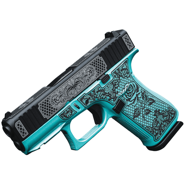 Glock G43X Pistol, 3.41" Black GMB Barrel Black w/White Scroll Cerakote Serrated Steel Slide Tiffany Blue Lace w/Rose Cerakote Polymer Frame & Grip Sub-Compact Frame 10+1rd 9mm - UX4350204FRNGLTB Glock G43X Pistol, 3.41" Black GMB Barrel Black w/White Scroll Cerakote Serrated Steel Slide Tiffany Blue Lace w/Rose Cerakote Polymer Frame & Grip Sub-Compact Frame 10+1rd 9mm - UX4350204FRNGLTB