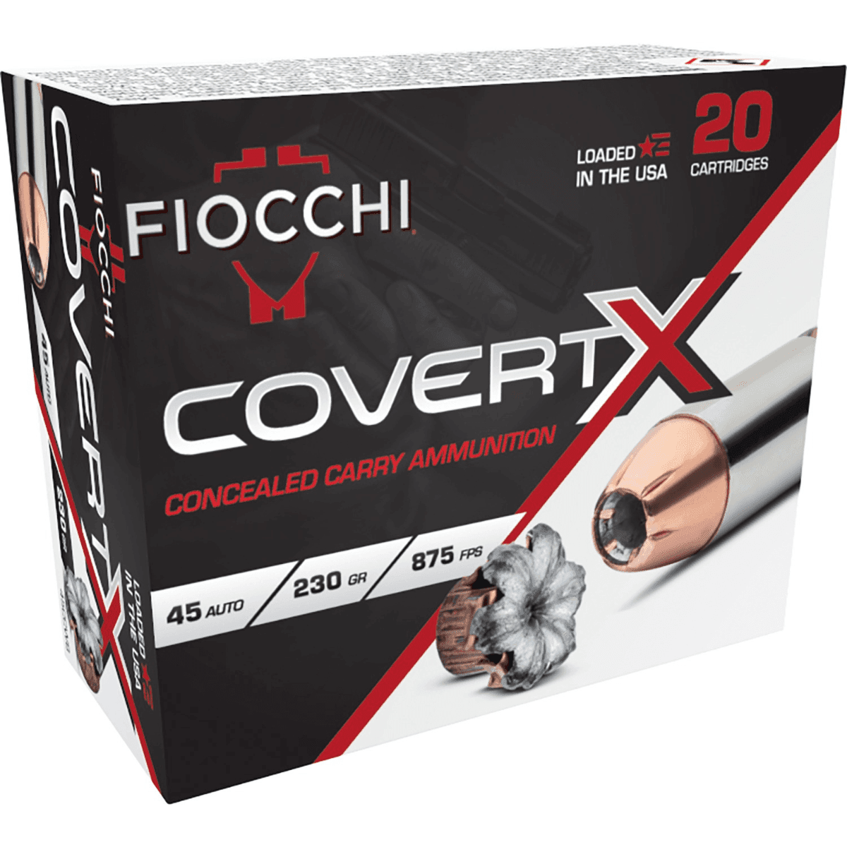 Fiocchi CovertX Ammo, Jacketed Hollow Point 230gr 20 Per Box/10 Case 45 Auto - 45CCWB Fiocchi CovertX Ammo, Jacketed Hollow Point 230gr 20 Per Box/10 Case 45 Auto - 45CCWB