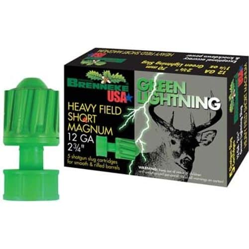 Brenneke USA Green Lightning Heavy Field Short Magnum 12 Gauge 2-3/4" 1-1/4 oz Lead Rifled Slug Box of 5 Brenneke USA Green Lightning Heavy Field Short Magnum 12 Gauge 2-3/4" 1-1/4 oz Lead Rifled Slug Box of 5