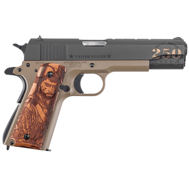 Auto-Ordnance 1911 Army Pistol, Sports South Exclusive Full Size Frame 5" Stainless Steel Barrel OD Green Cerakote w/Engraving Steel Serrated Slide Coyote Tan Cerakote Steel Frame w/Beavertail Custom Wood Grip 7+1rd 45 ACP - 1911BKOC15 Auto-Ordnance 1911 Army Pistol, Sports South Exclusive Full Size Frame 5" Stainless Steel Barrel OD Green Cerakote w/Engraving Steel Serrated Slide Coyote Tan Cerakote Steel Frame w/Beavertail Custom Wood Grip 7+1rd 45 ACP - 1911BKOC15