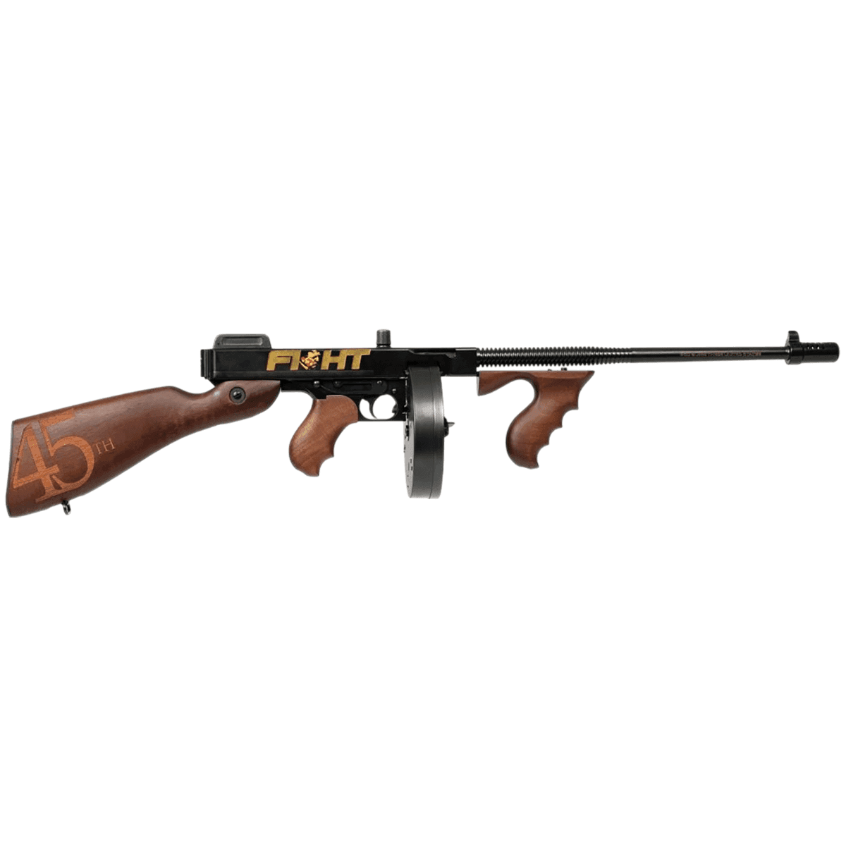Thompson 1927A-1 Trump Fight Rifle, 18" Finned Barrel Aluminum Receiver Fixed Stock Pinned Cutts Compensator 50+1rd .45 Cal - T150DC9 Thompson 1927A-1 Trump Fight Rifle, 18" Finned Barrel Aluminum Receiver Fixed Stock Pinned Cutts Compensator 50+1rd .45 Cal - T150DC9