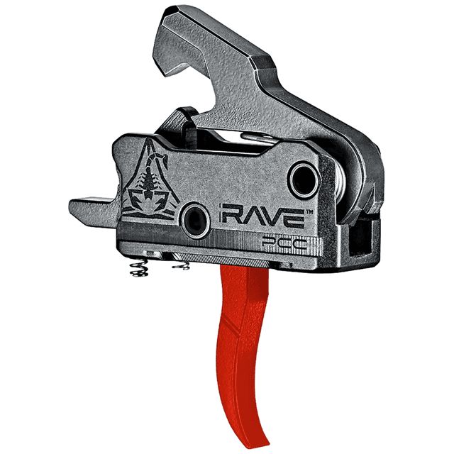 Rise Armament Rave Pistol Caliber Carbine Trigger, Black/Red Aluminum/Steel Curved 3.50 lbs Draw Weight AR9 - T017PCCRED Rise Armament Rave Pistol Caliber Carbine Trigger, Black/Red Aluminum/Steel Curved 3.50 lbs Draw Weight AR9 - T017PCCRED