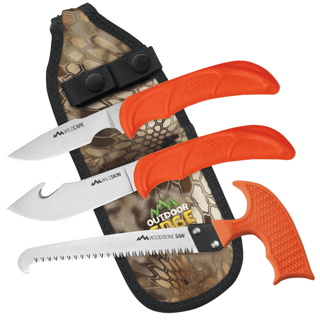 Outdoor Edge WildGuide Knife Set, Fixed Caper/Saw/Skinner w/Gut Hook Satin 420J2 SS Blades Blaze Orange Textured TPR Handle - WG10C Outdoor Edge WildGuide Knife Set, Fixed Caper/Saw/Skinner w/Gut Hook Satin 420J2 SS Blades Blaze Orange Textured TPR Handle - WG10C