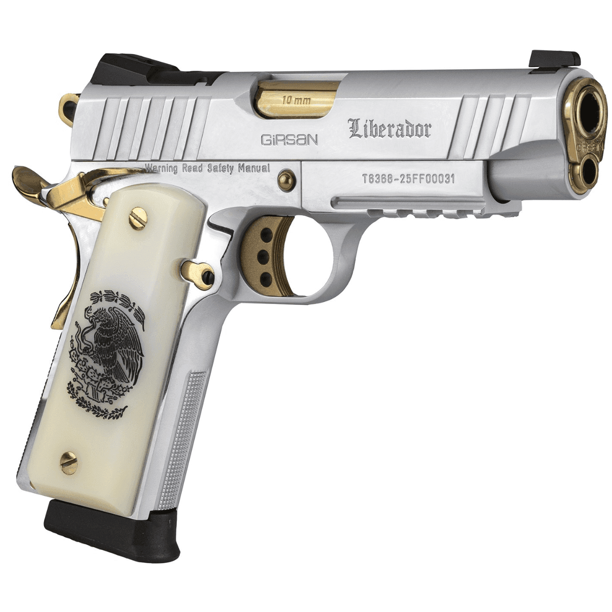 Girsan MC1911 C Liberador Pistol, Chrome Slide Finish Gold PVD Controls Optic Ready for RMSc Skeletonized Trigger 9+1rd 10mm Auto - 391620 Girsan MC1911 C Liberador Pistol, Chrome Slide Finish Gold PVD Controls Optic Ready for RMSc Skeletonized Trigger 9+1rd 10mm Auto - 391620
