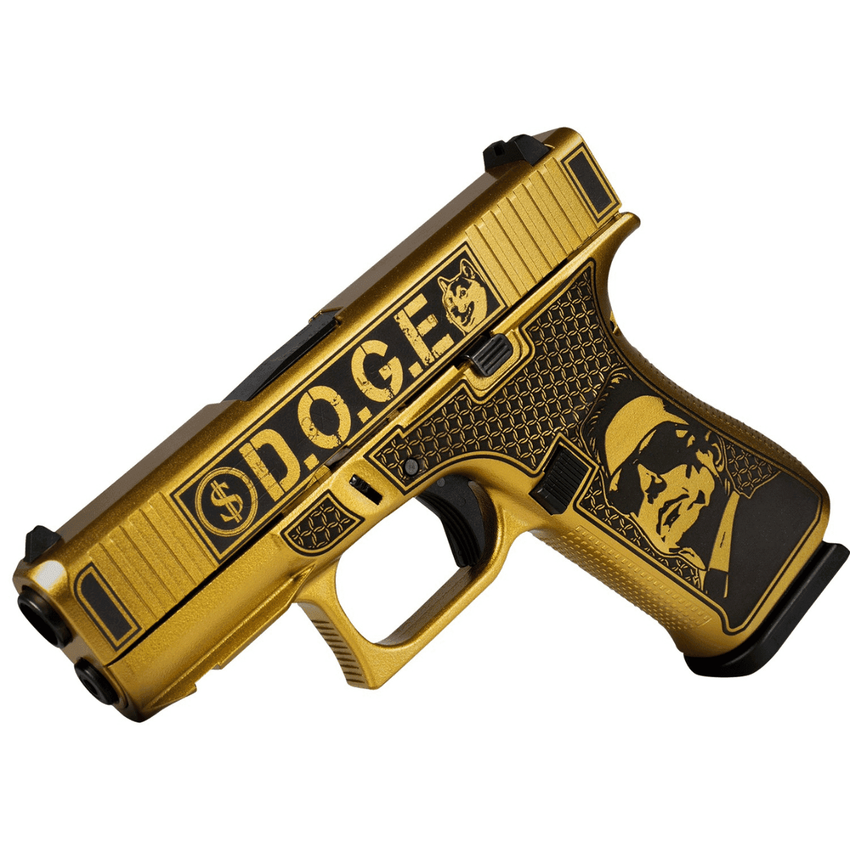 Glock G43X D.O.G.E. Pistol, 3.41" Black GMB Barrel Glamour Glock Gold Cerakote Serrated Steel Slide w/D.O.G.E. Glamour Glock Gold Cerakote Polymer Frame w/Trump & Elon Sub-Compact Frame 10+1rd 9mm - UX4350204NDGE Glock G43X D.O.G.E. Pistol, 3.41" Black GMB Barrel Glamour Glock Gold Cerakote Serrated Steel Slide w/D.O.G.E. Glamour Glock Gold Cerakote Polymer Frame w/Trump & Elon Sub-Compact Frame 10+1rd 9mm - UX4350204NDGE