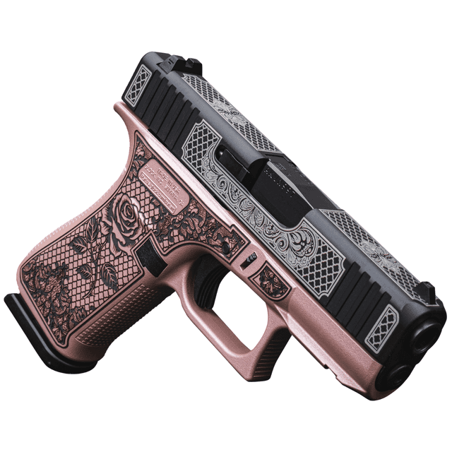 Glock G43X Pistol, 3.41" Black GMB Barrel Black w/White Scroll Cerakote Serrated Steel Slide Rose Gold Lace w/Rose Cerakote Polymer Frame & Grip Sub-Compact Frame 10+1rd 9mm - UX4350204FRNGLRG Glock G43X Pistol, 3.41" Black GMB Barrel Black w/White Scroll Cerakote Serrated Steel Slide Rose Gold Lace w/Rose Cerakote Polymer Frame & Grip Sub-Compact Frame 10+1rd 9mm - UX4350204FRNGLRG