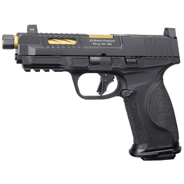 Ed Brown Fueled M&P Match Gold Pistol, 4.75" Titanium Nitride TiN Gold Match Grade Threaded Barrel Black Nitride Stainless Steel Optic Cut/Serrated Slide Black Aluminum Frame w/Picatinny Rail Trijicon RMR Footprint 19+1rd 9mm Luger - MPFMATCHGOLD Ed Brown Fueled M&P Match Gold Pistol, 4.75" Titanium Nitride TiN Gold Match Grade Threaded Barrel Black Nitride Stainless Steel Optic Cut/Serrated Slide Black Aluminum Frame w/Picatinny Rail Trijicon RMR Footprint 19+1rd 9mm Luger - MPFMATCHGOLD