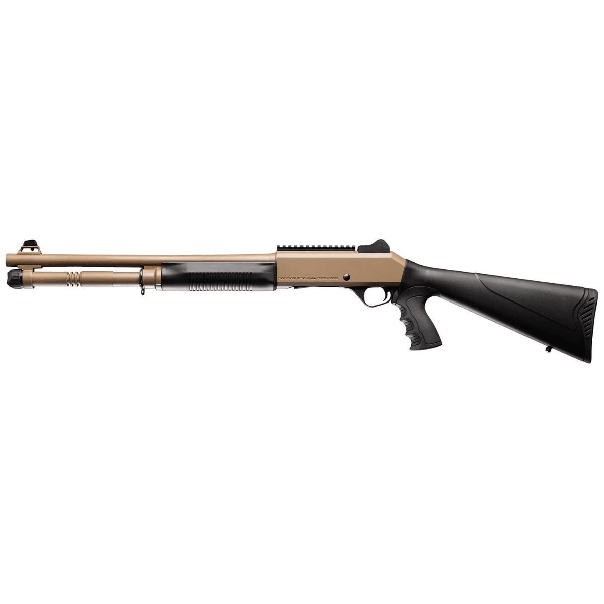 Four Peaks Imports AKSA Arms S4 Shotgun, 18.50" Chrome Plated Barrel 3" Chamber 7075-T6 Aluminum Receiver Synthetic Stock Picatinny Rail Flat Dark Earth / Black Semi-Auto 5+1rd 12 Gauge - 12060 Four Peaks Imports AKSA Arms S4 Shotgun, 18.50" Chrome Plated Barrel 3" Chamber 7075-T6 Aluminum Receiver Synthetic Stock Picatinny Rail Flat Dark Earth / Black Semi-Auto 5+1rd 12 Gauge - 12060