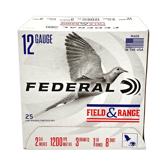 FEDERAL AMMUNITION 12 GA Field and Range 2 3/4 1- 1/8oz 8 Shot 25 RD BOX FEDERAL AMMUNITION 12 GA Field and Range 2 3/4 1- 1/8oz 8 Shot 25 RD BOX