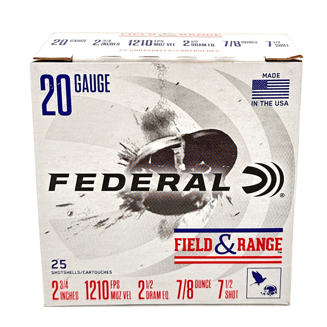 FEDERAL AMMUNITION 20 GA Field and Range 2 3/4 7/8oz 7.5 Shot 25/Box FEDERAL AMMUNITION 20 GA Field and Range 2 3/4 7/8oz 7.5 Shot 25/Box