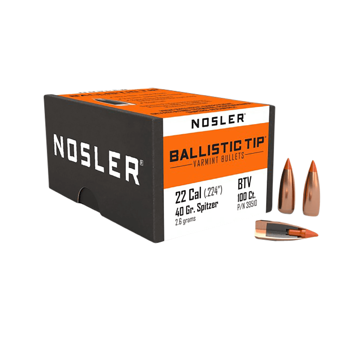 Nosler 39510 Ballistic Tip 22Cal 40gr Spitzer Point 100/Box Nosler 39510 Ballistic Tip 22Cal 40gr Spitzer Point 100/Box