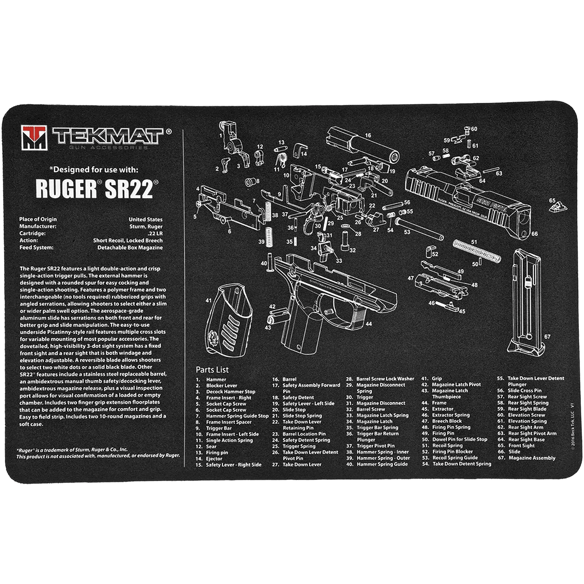 TekMat Ruger SR22 Cleaning Mat Black/White Rubber 11"x17" TekMat Ruger SR22 Cleaning Mat Black/White Rubber 11"x17"