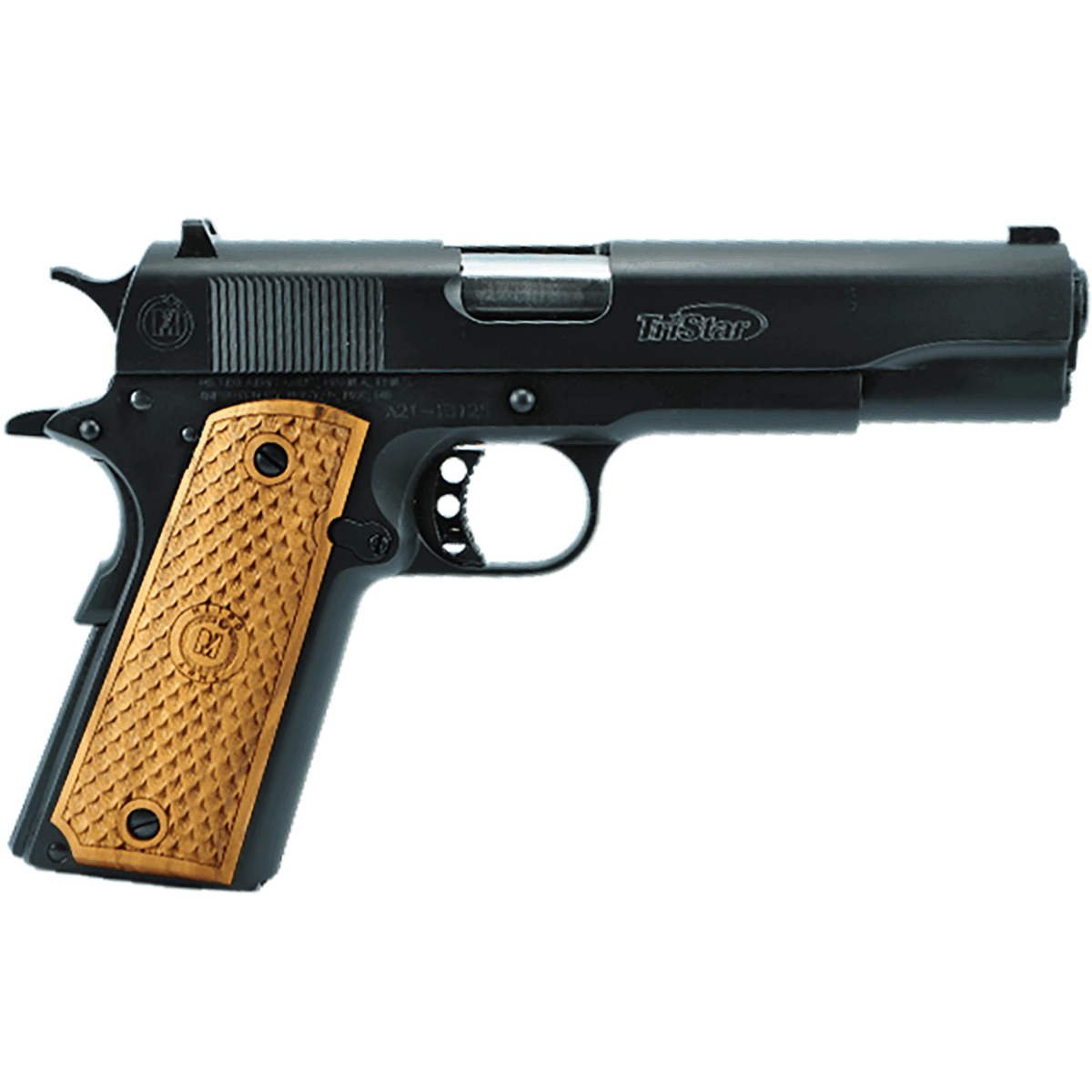 TriStar American Classic Government 1911 Pistol, 5" Stainless Steel Barrel Blued Serrated Steel Slide Blued Steel Frame w/Beavertail Wood Grip 9+1rd 38 Super - 85607 TriStar American Classic Government 1911 Pistol, 5" Stainless Steel Barrel Blued Serrated Steel Slide Blued Steel Frame w/Beavertail Wood Grip 9+1rd 38 Super - 85607