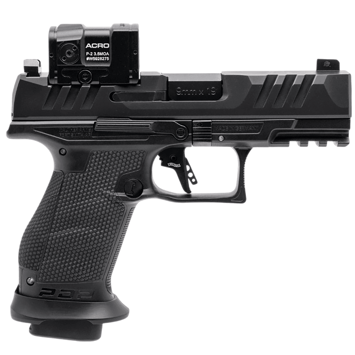 Walther Arms PDP Pro w/Optic Pistol, 4" Black Steel Barrel Black Optic Ready/Serrated Steel Slide Black Polymer Frame w/Picatinny Rail Interchangeable Backstrap Grip Aimpoint Acro P-2 Red Dot Compact Frame 18+1rd 9mm Luger - 4797067 Walther Arms PDP Pro w/Optic Pistol, 4" Black Steel Barrel Black Optic Ready/Serrated Steel Slide Black Polymer Frame w/Picatinny Rail Interchangeable Backstrap Grip Aimpoint Acro P-2 Red Dot Compact Frame 18+1rd 9mm Luger - 4797067