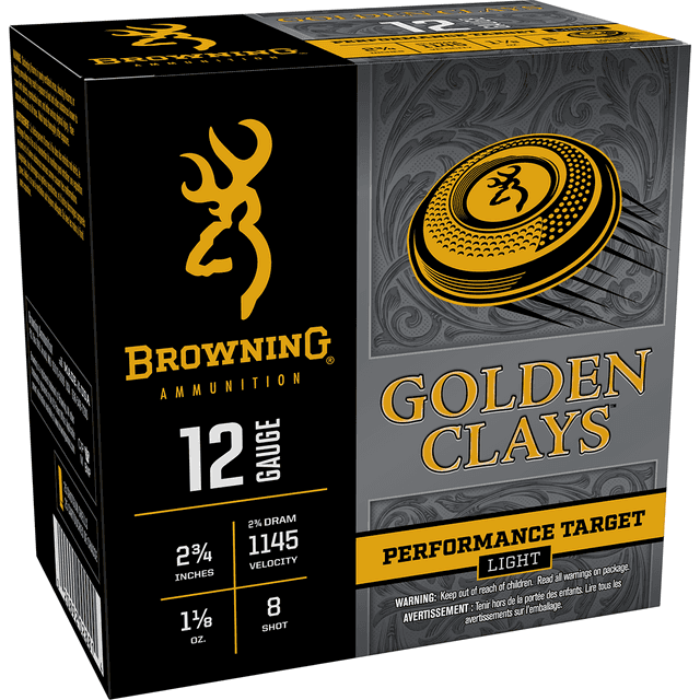 Browning Ammo Golden Clays 12 Gauge 2.75" 1 1/8oz 8Shot 25 Per Box Browning Ammo Golden Clays 12 Gauge 2.75" 1 1/8oz 8Shot 25 Per Box