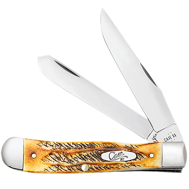 Case Trapper Knife, 3.25" Folding Clip Point/Spey Plain Mirror Polished Tru-Sharp SS Blades Burnt Dark Amber 6.5 BoneStag Handle Includes Pocket Clip - 65345 Case Trapper Knife, 3.25" Folding Clip Point/Spey Plain Mirror Polished Tru-Sharp SS Blades Burnt Dark Amber 6.5 BoneStag Handle Includes Pocket Clip - 65345