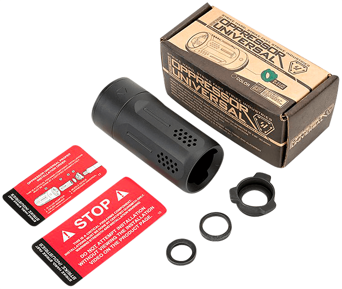 Strike Industries Oppressor Universal Blast Shield Multi-Cal 3.37"L 1.61"D for Barrels with 1/2" & 5/8" Threads (Max .98"D Barrels) Strike Industries Oppressor Universal Blast Shield Multi-Cal 3.37"L 1.61"D for Barrels with 1/2" & 5/8" Threads (Max .98"D Barrels)