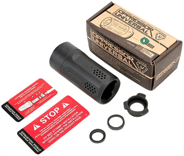 Strike Industries Oppressor Universal Blast Shield Multi-Cal 3.37"L 1.61"D for Barrels with 1/2" & 5/8" Threads (Max .98"D Barrels) Strike Industries Oppressor Universal Blast Shield Multi-Cal 3.37"L 1.61"D for Barrels with 1/2" & 5/8" Threads (Max .98"D Barrels)