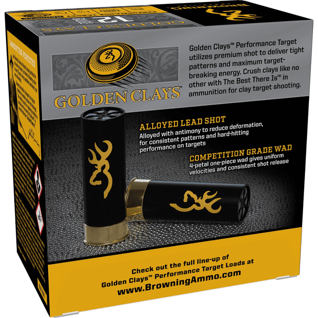 Browning Ammo Golden Clays Shotshells, 2.75" 1 1/8oz 7.5Shot 25 Per Box/10 Case 12 Gauge - BGC12HA7 Browning Ammo Golden Clays Shotshells, 2.75" 1 1/8oz 7.5Shot 25 Per Box/10 Case 12 Gauge - BGC12HA7