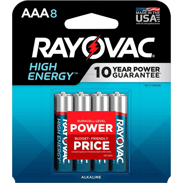 Rayovac AAA HIGH ENREGY Alkaline Batteries, Silver/Blue 1.5 Volts 1,123 mAh (8) Single Pack - 8248T102 Rayovac AAA HIGH ENREGY Alkaline Batteries, Silver/Blue 1.5 Volts 1,123 mAh (8) Single Pack - 8248T102