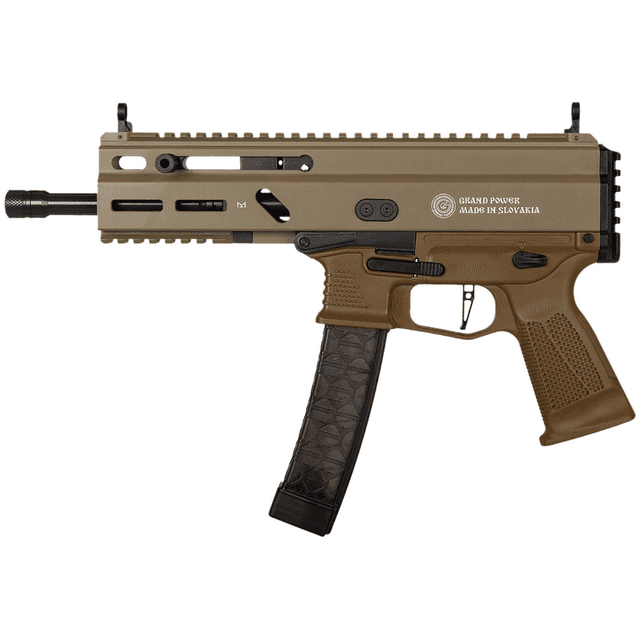 Grand Power SP9A3 Stribog Pistol, 8" Black Threaded Barrel M-LOK Handguard Flat Dark Earth Aluminum Picatinny Rail Receiver Rear Picatinny Rail FDE Polymer Grips 30+1rd 9mm Luger - 197892004770 Grand Power SP9A3 Stribog Pistol, 8" Black Threaded Barrel M-LOK Handguard Flat Dark Earth Aluminum Picatinny Rail Receiver Rear Picatinny Rail FDE Polymer Grips 30+1rd 9mm Luger - 197892004770