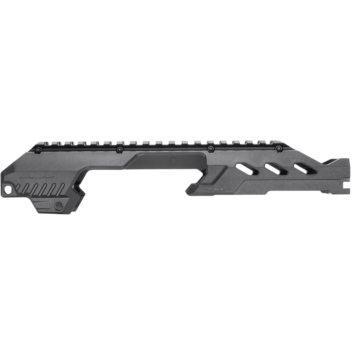 Strike Industries SMC Charlie Top Rail, Black Full Lenght Picatinny Rail Ported Windows for Heat Mitigation Compatible w/ Extended Charging Handle for P320 Slides - SMC-C-P320-TRAIL Strike Industries SMC Charlie Top Rail, Black Full Lenght Picatinny Rail Ported Windows for Heat Mitigation Compatible w/ Extended Charging Handle for P320 Slides - SMC-C-P320-TRAIL