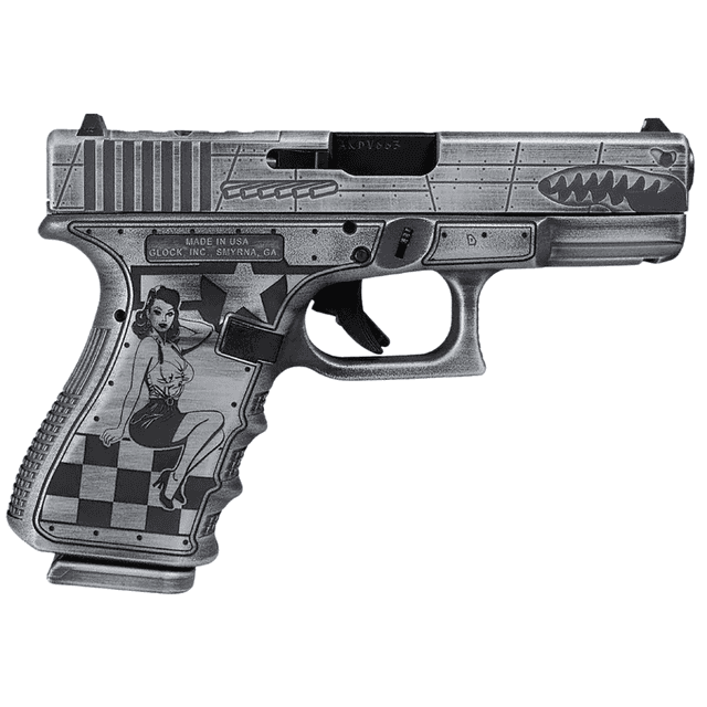 Glock G45 Gen5 P-51 Mustang 9mm Luger 17+1 4.02" Flying Tiger, Bomber, Pin-up Girl/Distressed Gray Cerakote Glock G45 Gen5 P-51 Mustang 9mm Luger 17+1 4.02" Flying Tiger, Bomber, Pin-up Girl/Distressed Gray Cerakote